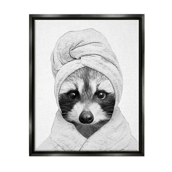 Stupell Industries Funny Raccoon Bathrobe Towel Animals & Insects Painting Black Floater Framed Art Print Wall Art