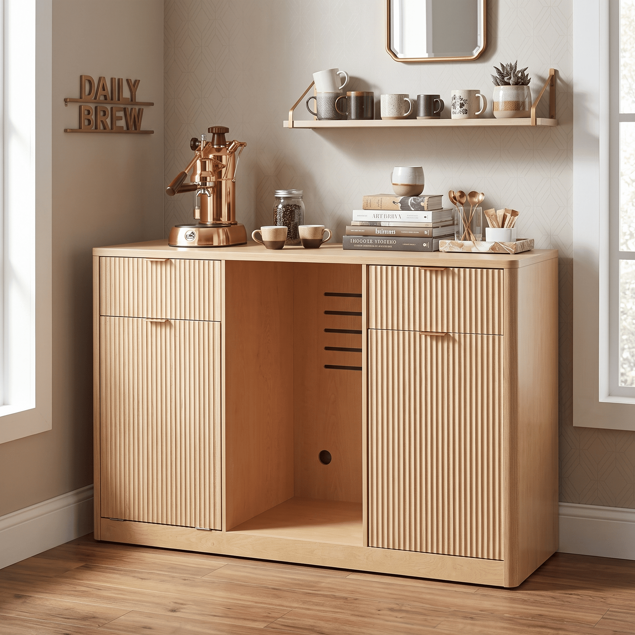 Homy Casa 59-Inch Fluted Kitchen Island with Fridge Space, Trash Cabinet and Power Outlet, Natural Oak