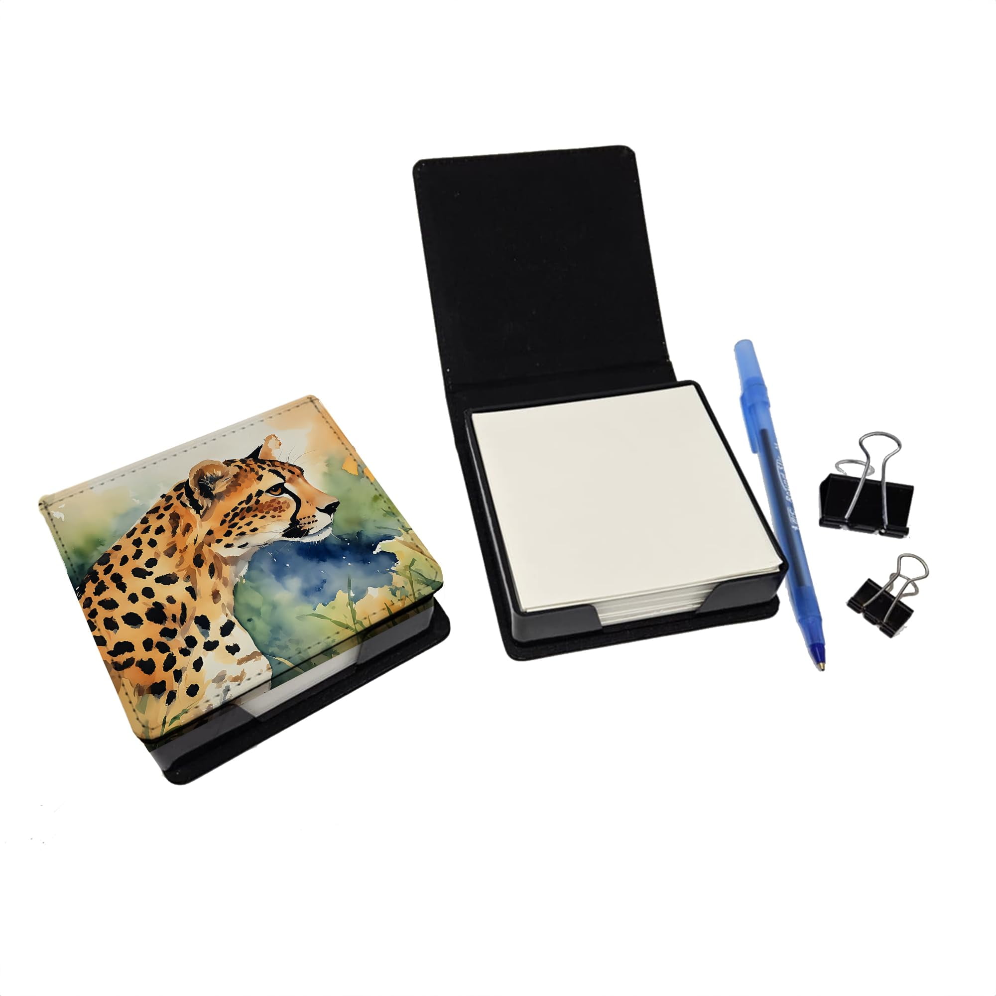 Caroline's Treasures Cheetah PU Leather Note Paper Holder with Artist-Designed Cover, Desk Accessory, Office Gift
