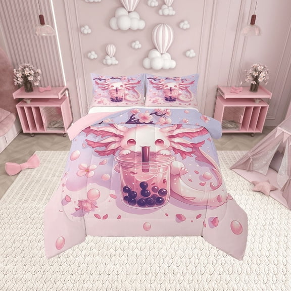 Erosebridal Pink Axolotl Bedding Sets Queen with Comforter, Boba Milk Tea Duvet Insert, Blossoms Flower Reversible Down Comforter, Microfiber Room Decoration, 3pcs