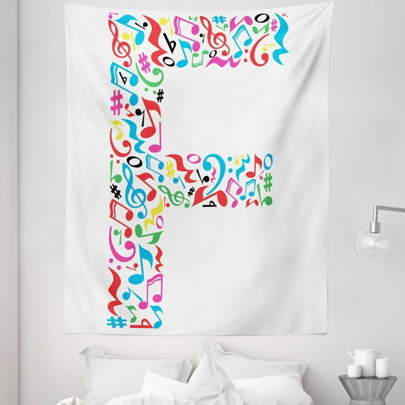 Letter F Tapestry, Letter F Alphabet with Vibrant Music Notes Harmony Song Design ABC Graphic Print, Fabric Wall Hanging Decor for Bedroom Living Room Dorm, 5 Sizes, Multicolor, by Ambesonne