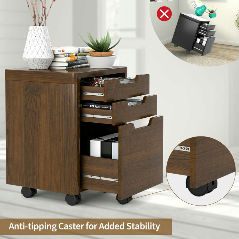 Demi Bonn 3 Drawer Mobile File Cabinet with Lockable Casters, Brown