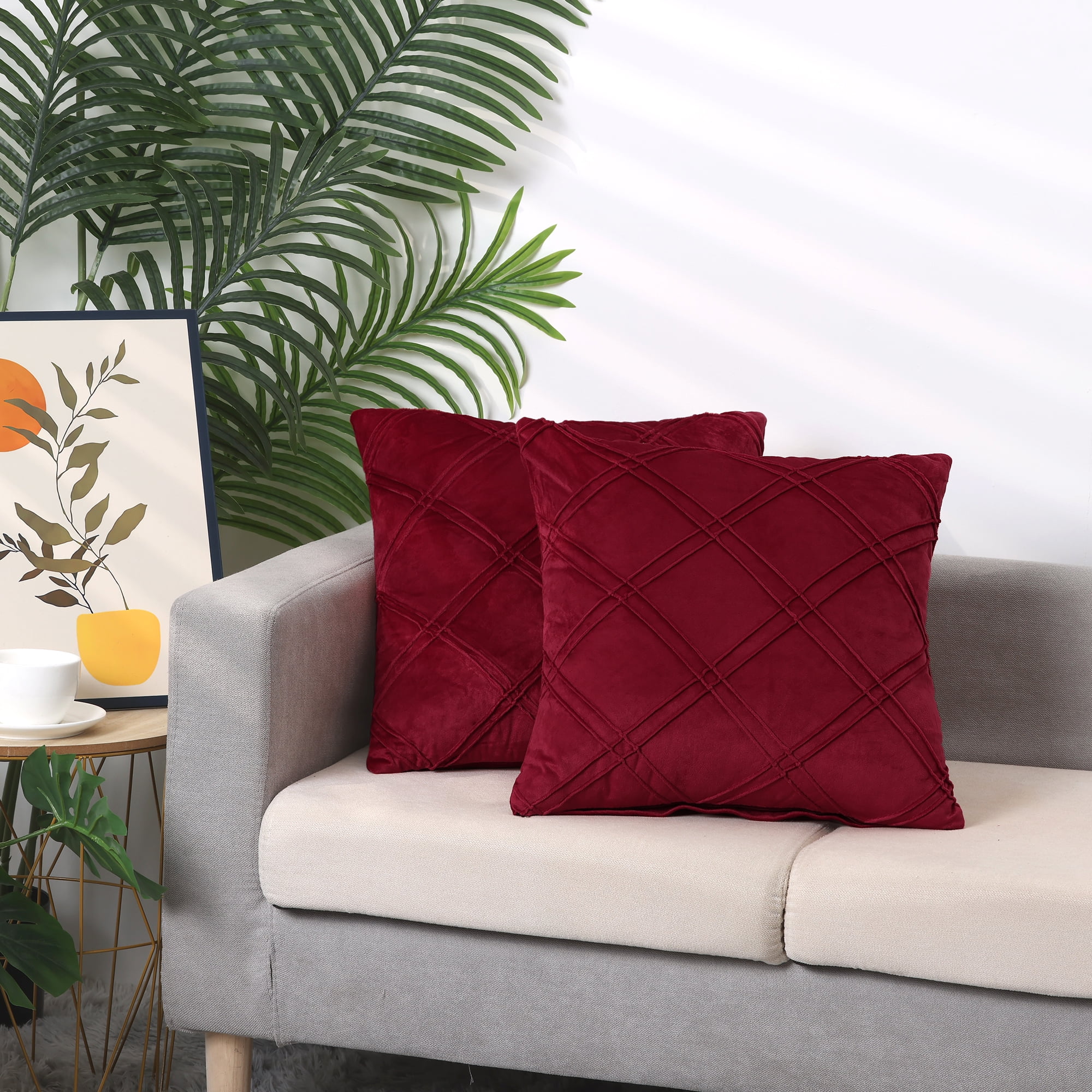 Unique Bargains 2 Diamond Pinch Pleated Solid Decorative Textured Throw Pillow Covers Red 18" x 18"