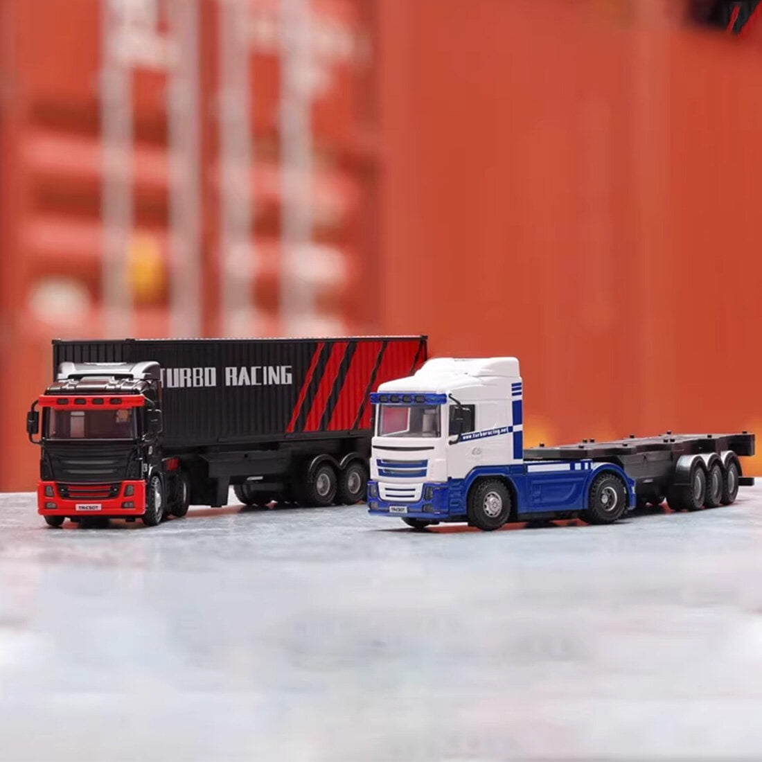 Turbo Racing 1/76 Scale Micro RC Truck Trailer & Cargo Set, 2.4G 6CH Remote Control Car with LED Lights, Standalone or Towable Mini Vehicle for Teens & Adults