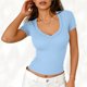 thumbnail image 3 of Camisas de Manga Corta para Mujeres Casual con Cuello en V Plisado, Camisetas de Color Sólido para Primavera Verano, 3 of 6