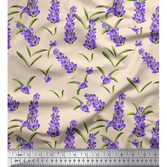 Soimoi Rayon Crepe Fabric Leaves & Lavender Shirting Print Sewing Fabric Yard 46 Inch Wide