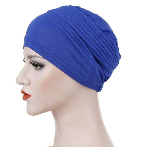 Dailypoc Turbans For Women Women's Solid Color Muslim Headscarf Hat - Silk Cotton Material, Pleated Bottom, Small-Sized for Daily,Blue,One Size