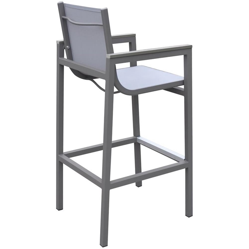 Armen Living Marina Outdoor Patio Barstool in&nbsp;Grey Powder Coated Finish with Grey&nbsp;Sling Textilene and Grey Wood Accent Arms