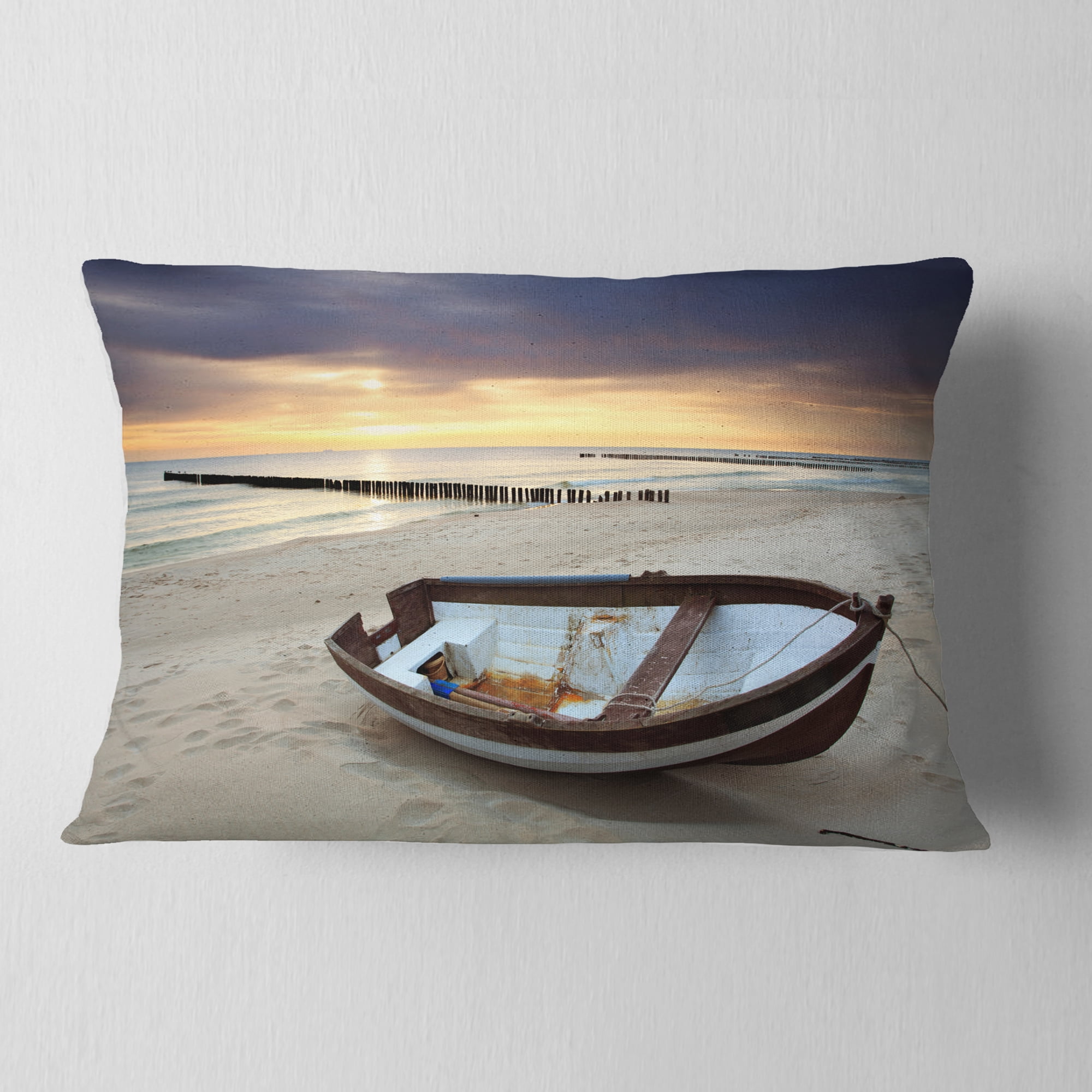 Designart Boat on Beautiful Sunrise Seashore - Beach Throw Pillow - 12x20