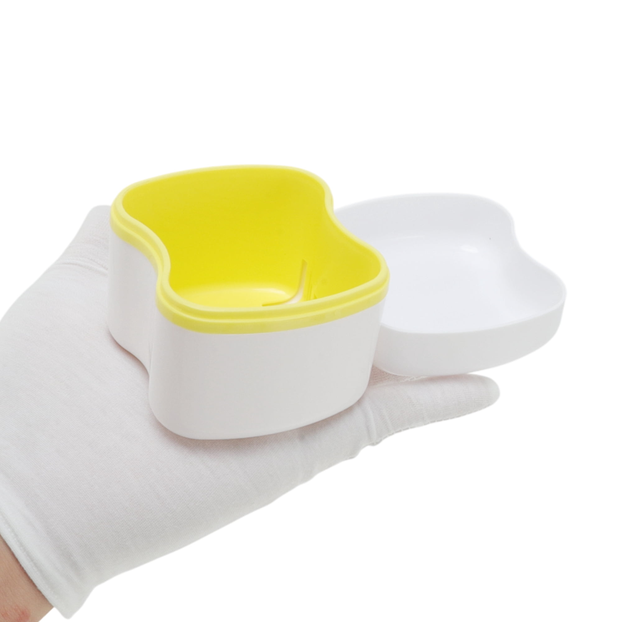 Unique Bargains Denture Bath Case Cup with Denture Cleaner Brush 1 Set Yellow, Orange