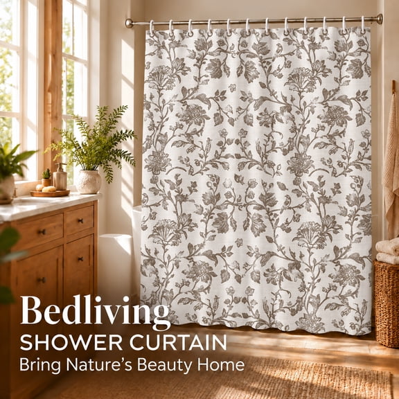 Bedliving Shower Curtain for Bathroom with 12 Hooks Waterproof Fabric, Brown Floral, 72" x 72"