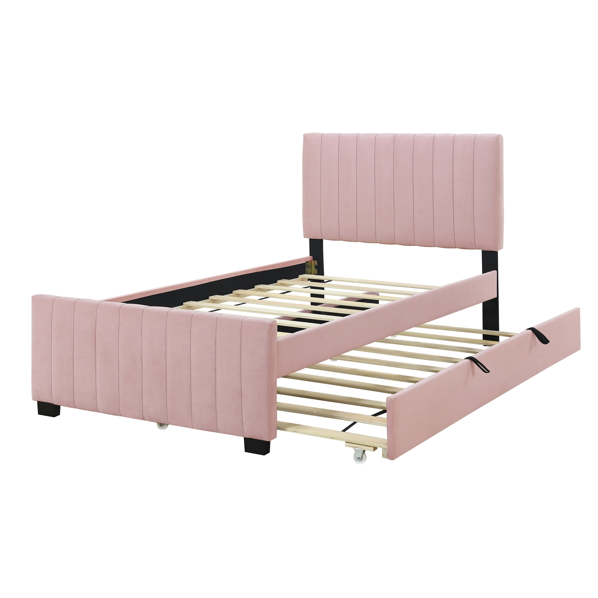 Aukfa Twin Size Upholstered Platform Bed Frame with Twin Size Trundle for Bedroom,Guestroom, Pink