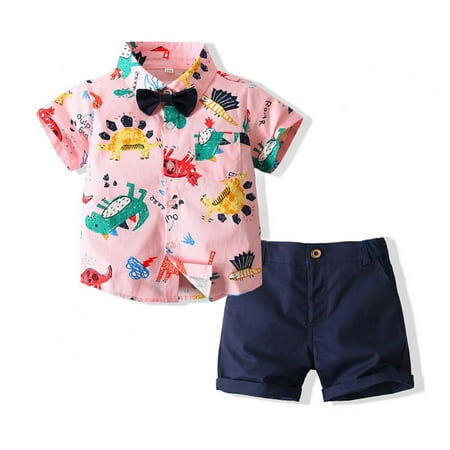 

Bullpiano 1-6Y Toddler Baby Boy Gentleman Short Set Infant Kids Cute Cartoon Dinosaur Short Sleeve Button down Bowtie Shirt+Shorts Suits Hawaiian Outfit (Style D)