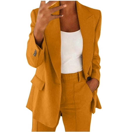 Dezsed Blazer Sets Women 2 Piece Outfits Plus Size Business Outfits 2024 Dressy Casual Straight Leg Pant Button Formal Blazer Suits Set Yellow S on Clearance