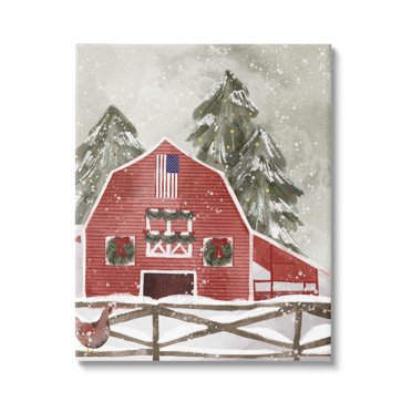 Stupell Industries Americana Barn Holiday Snow Scene Graphic Art Gallery Wrapped Canvas Print Wall Art, Design by Laura Konyndyk