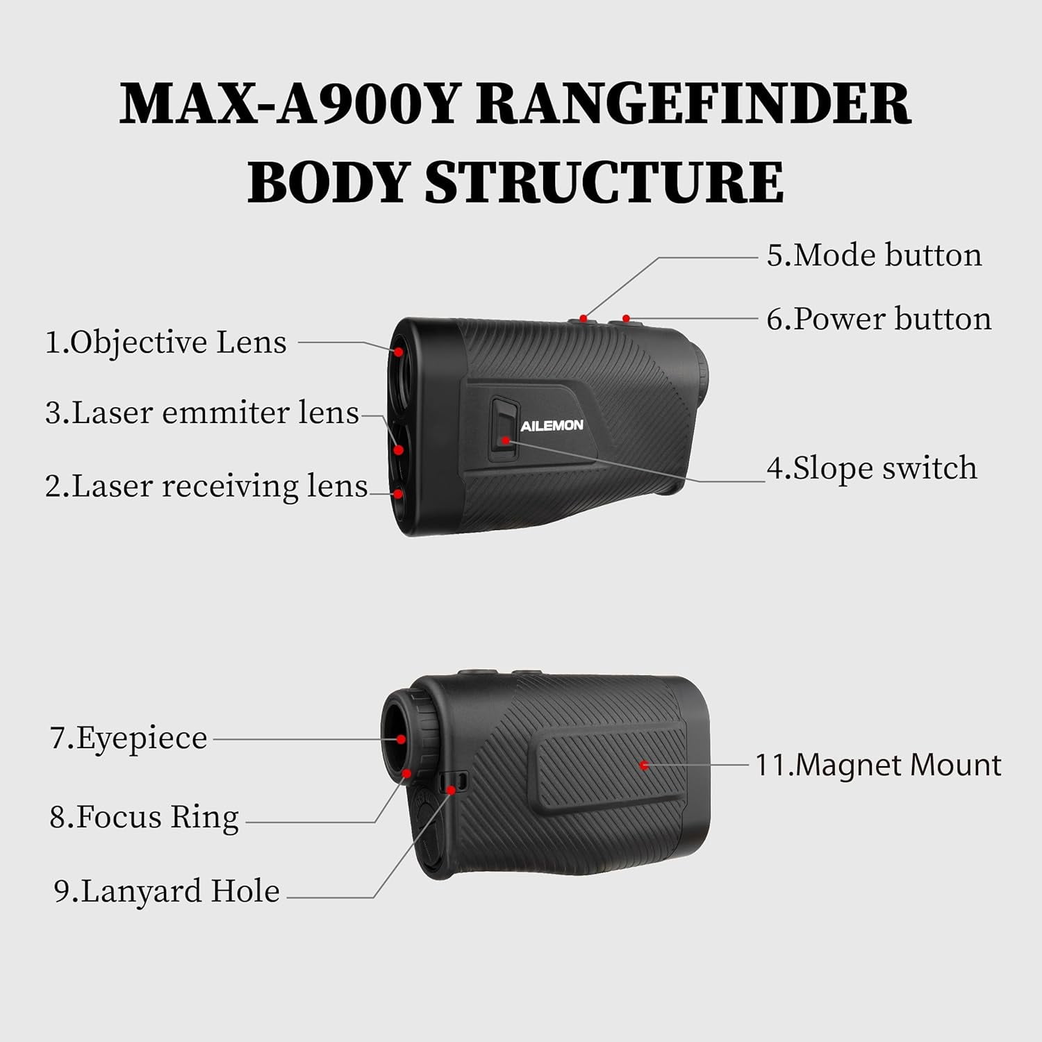AILEMON Golf Rangefinder with Slope Switch, Flag Pole Locking with Pulse Vibration, 6X Magnification Laser Range Finder Golfing & Hunting, 900 Yards Rangefinders with Magnet Stripe