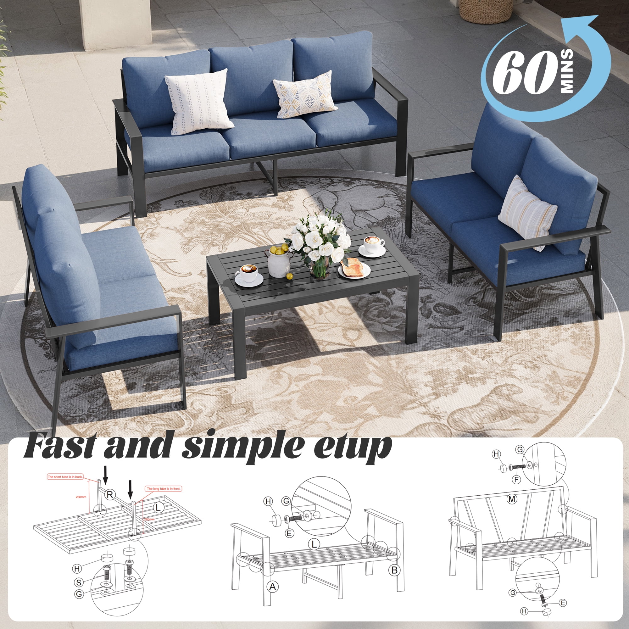 MRUAKA Aluminum Patio Furniture Set, 6 Pcs Modern Outdoor Sofa Sets, Outdoor Sectional Patio Conversation Set with Coffee Table for Backyard, Poolside, Navy