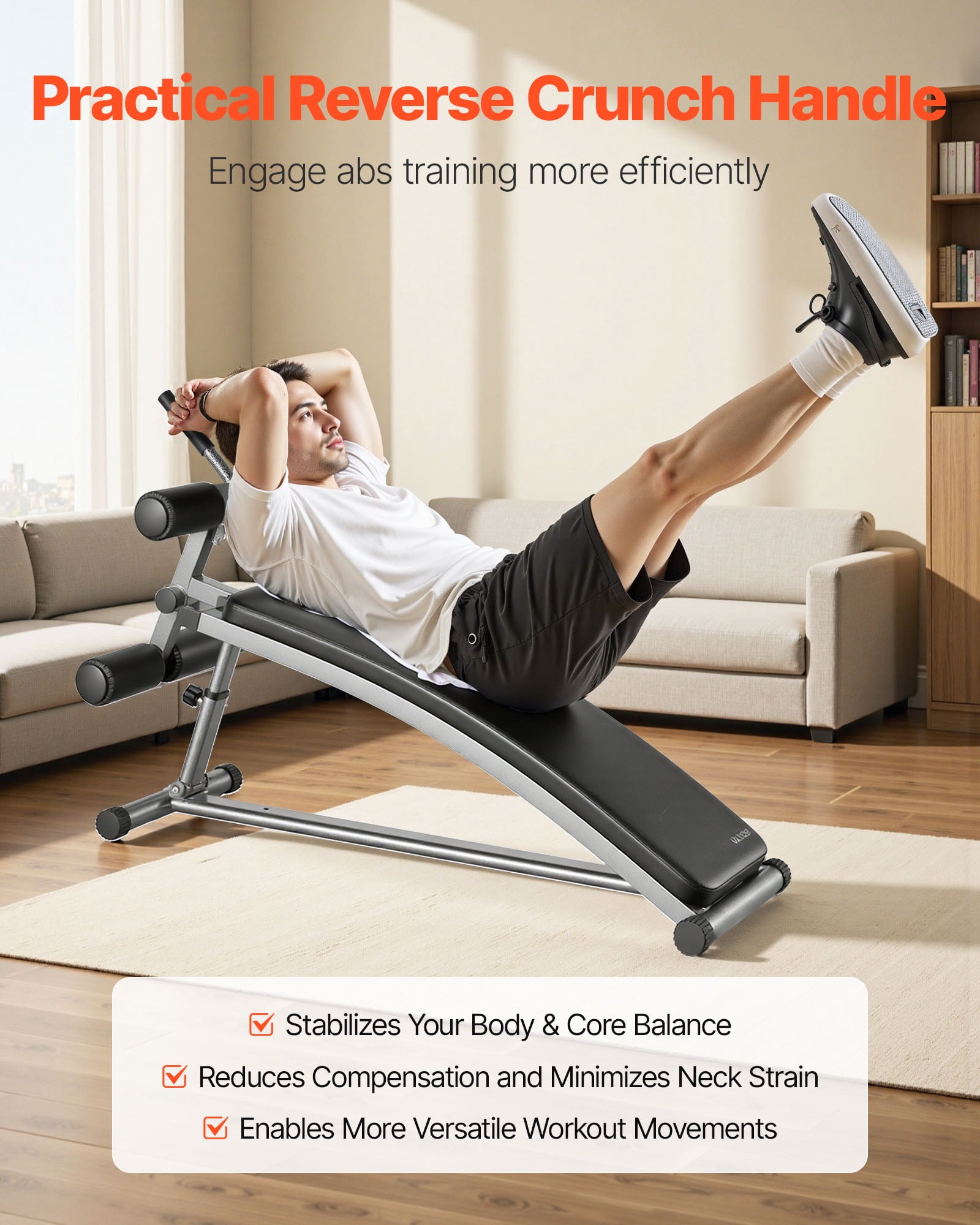 VEVOR Sit Up Bench, Curved Decline Ab Bench with Reverse Crunch Handle, with 6 Adjustable Height Setting, Heavy Duty Steel, 600 Lbs Capacity for Home Gym Workouts, Strength Training,Full Body Muscles