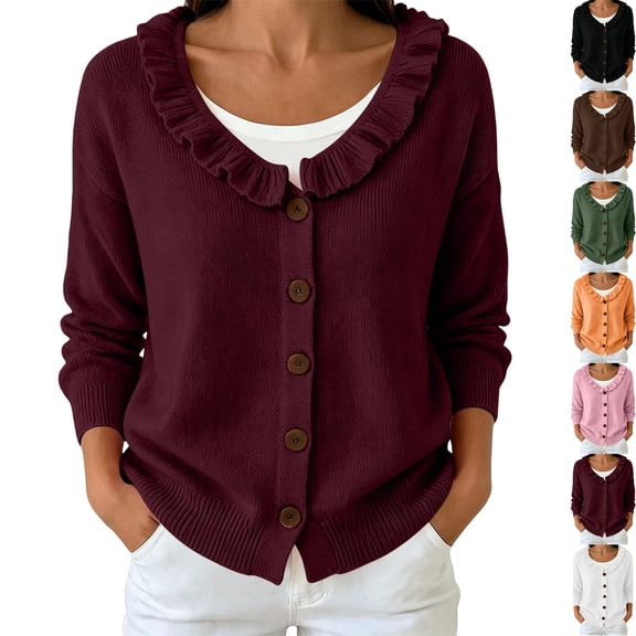 Women's Ruffle V Neck Button Down Cardigan Sweater Lightweight Long Sleeve Drop Shoulder Loose Knit Shirts Tops for Going Out Fall Outfits, Wine, XXXL