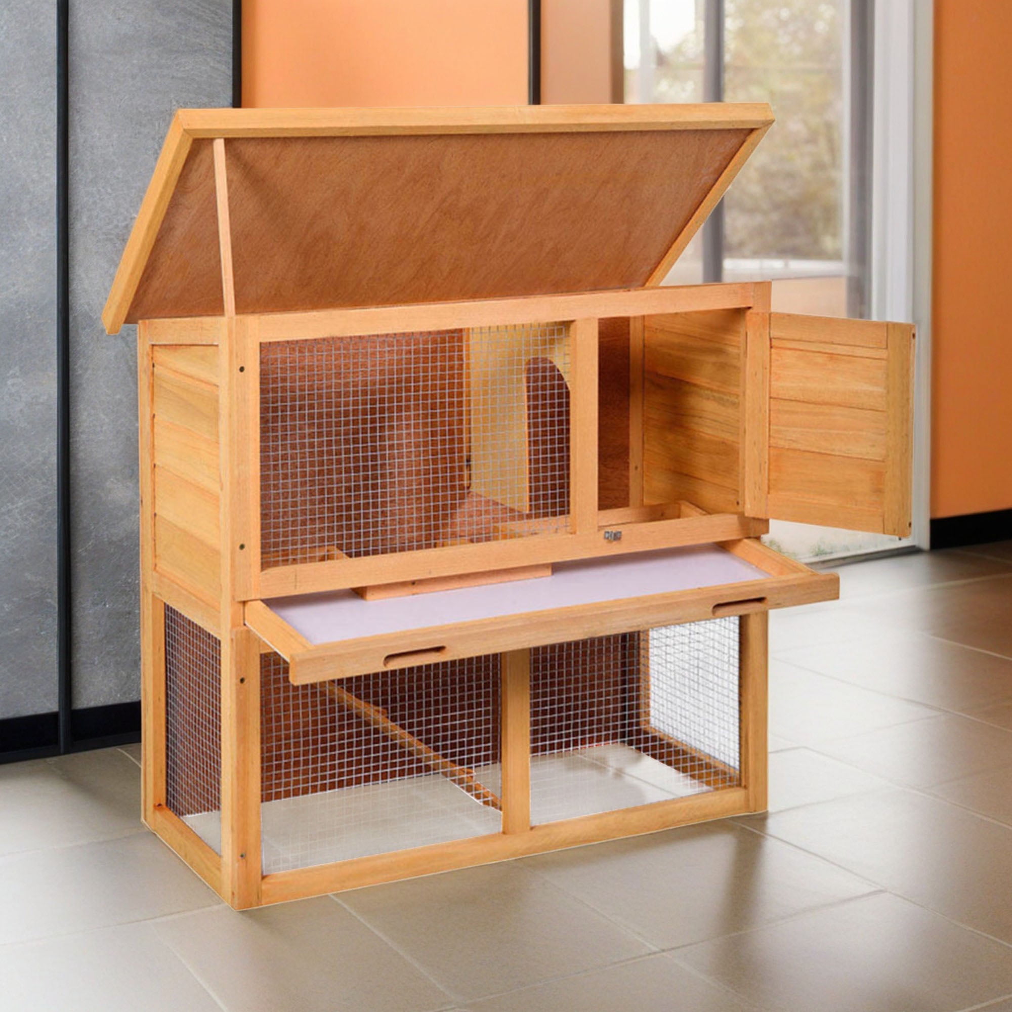 resenkos 35" Outdoor Rabbit Hutch with Run, 1 Door Bunny House Wood Small Animal House Pet Cage, Orange