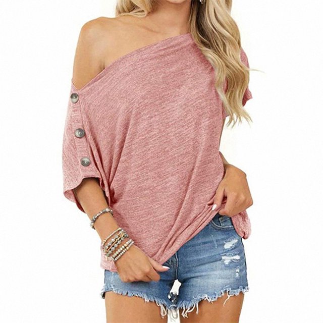 CHGBMOK Plus Size Ladies Tops And Blouses Fashion Womens Solid Color Off The Shoulder Button Short Sleeve Tops Blouses Summer Beach Tops on Clearance