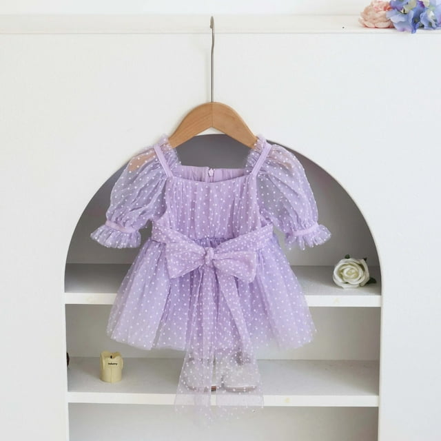 Dulce vestido de princesa para niñas, vestido de algodón con mangas abullonadas, vestido de verano con cintura de malla, zapatos y accesorios para bebés