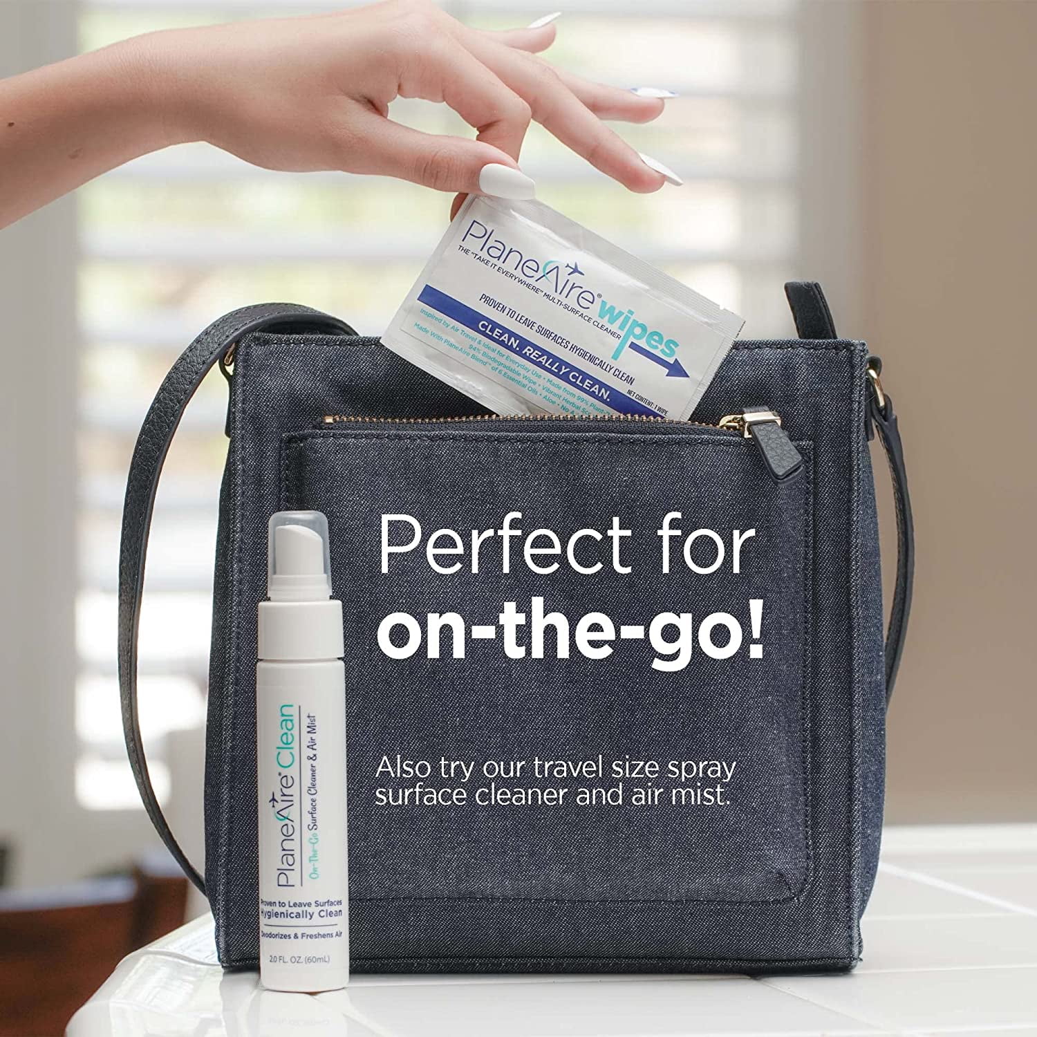 Travel Essentials Zip Top Bag: PlaneAire Hand Sanitizer Spray, Tangerine Coriander 2 fl oz, PlaneAire Clean Surface & Air Mist 2 fl oz + 6 PlaneAire Clean Surface Wipes