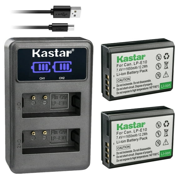 Kastar 2-Pack LP-E10 Battery and LED2 USB Charger Compatible with Canon LP-E10 LPE10 Battery, Canon LC-E10 LC-E10N Charger, Canon EOS Kiss X50, EOS Kiss X70, EOS Kiss X80, EOS Kiss X90 DSLR Cameras