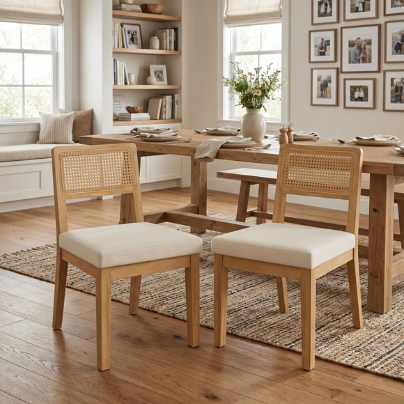 Gaderth Rattan Dining Chairs Set of 2, Farmhouse Mid Century Kitchen Chairs with Ergonomic Backrest and Upholstered Seat, Wood Side Chairs for Dining Room, Living Room, Breakfast Nook