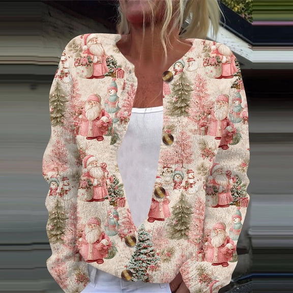 Lumtrix Women's Christmas Tops Christmas Santa Print Knitted Fall Winter Long Sleeves Coat Sweater Long Sleeves Knitted Casual Coat Light pink 4XL