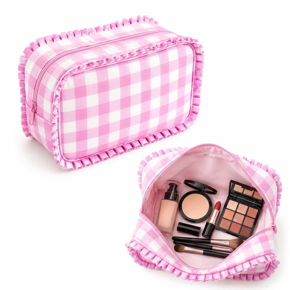 Pink Gingham Ruffle Makeup Bag, Large Capacity Waterproof Cosmetic Bag Wide Opening Travel Toiletry Organizer for Women Girls
