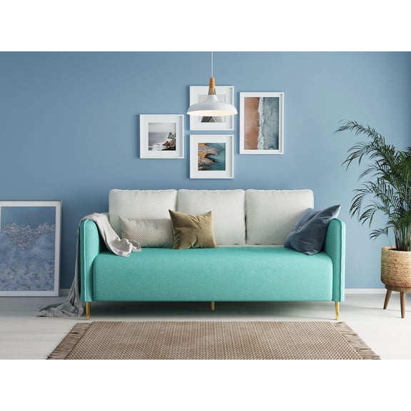 Koby Home's Collection Summit Transitional Futon Sofa, Upholstered in Poly-inspired Linen with Round Arms, Cushion Back, and Metal Legs with Gold Finish, Living Room Couch Furniture, Gradien Color