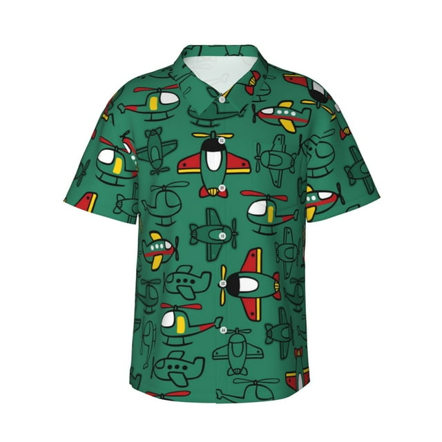 Balery Cartoon Air Transportation Camisas hawaianas de manga corta para hombre, camisas playeras de corte holgado, camisas de vacaciones con botones,Medium
