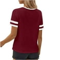 thumbnail image 5 of Fesfesfes Women's Summer T-Shirt Leisure Short Sleeve Contrast Stripe Collar Cuffs V-neck Tops Trendy Breathable Daily Wearing Blouses(Wine,2XL), 5 of 8