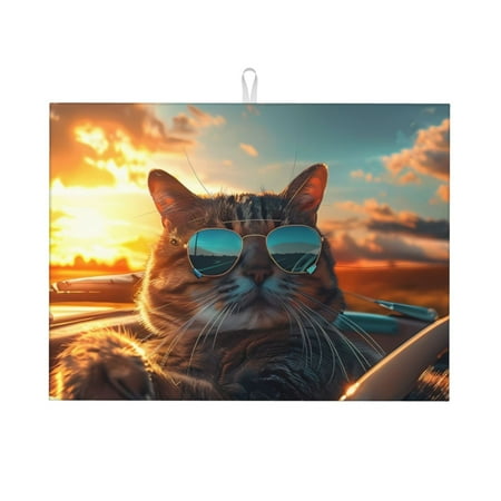 

Large Dish Drying Mats for Kitchen Counter - Cool Cat Driving Sunset 18x24In Anti-Slip Absorbent Microfiber Drying Mat for Kitchen Counter Mat Dish Rack Mat with Hanging Loop