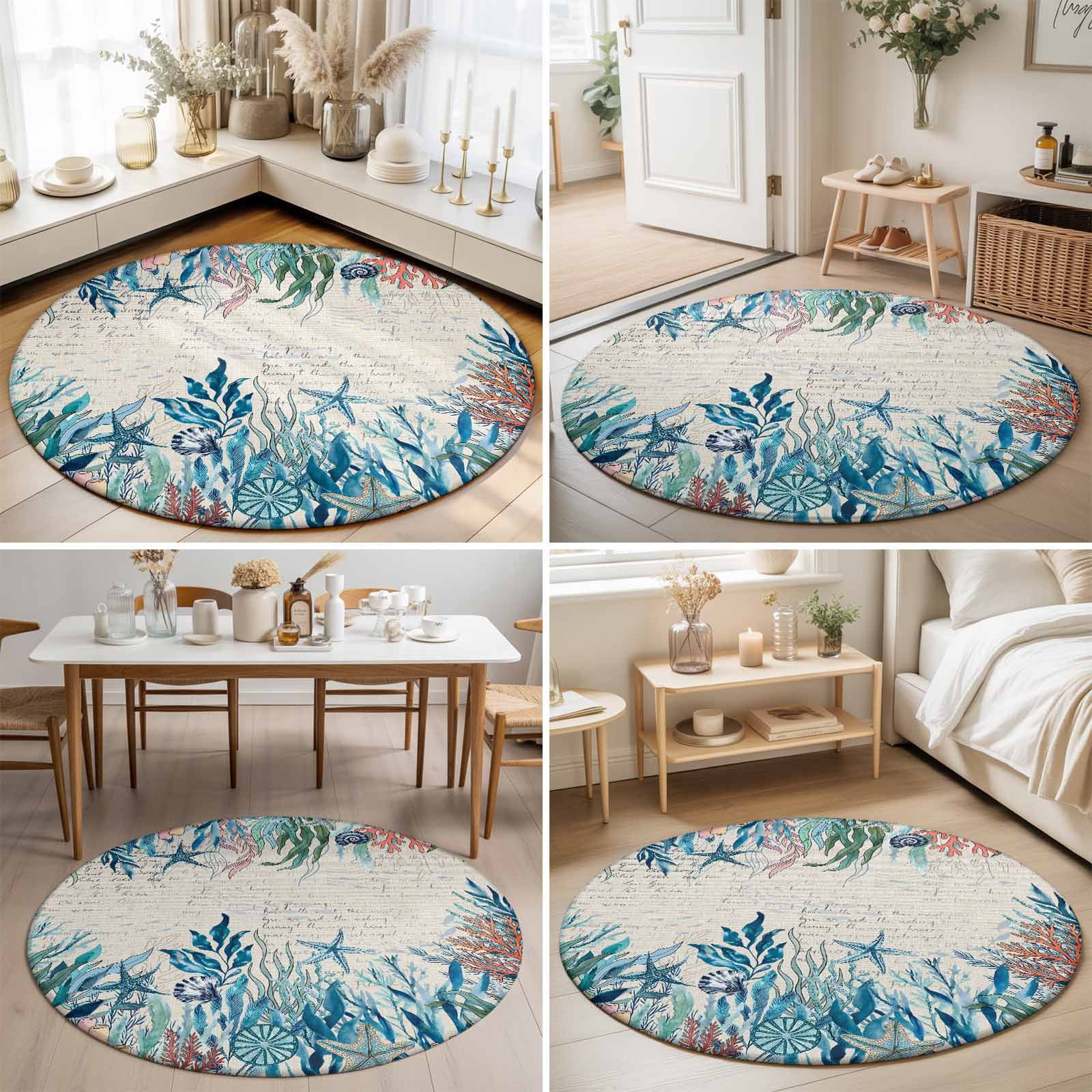 Small Round Rug 3Ft, Coastal Green Seaweed Non-Slip Washable Circle Rugs Carpet, Summer Beach Coral Starfish Rustic Indoor Outdoor Rug Floor Mats Throw Runner for Bedroom Living Room Bathroom