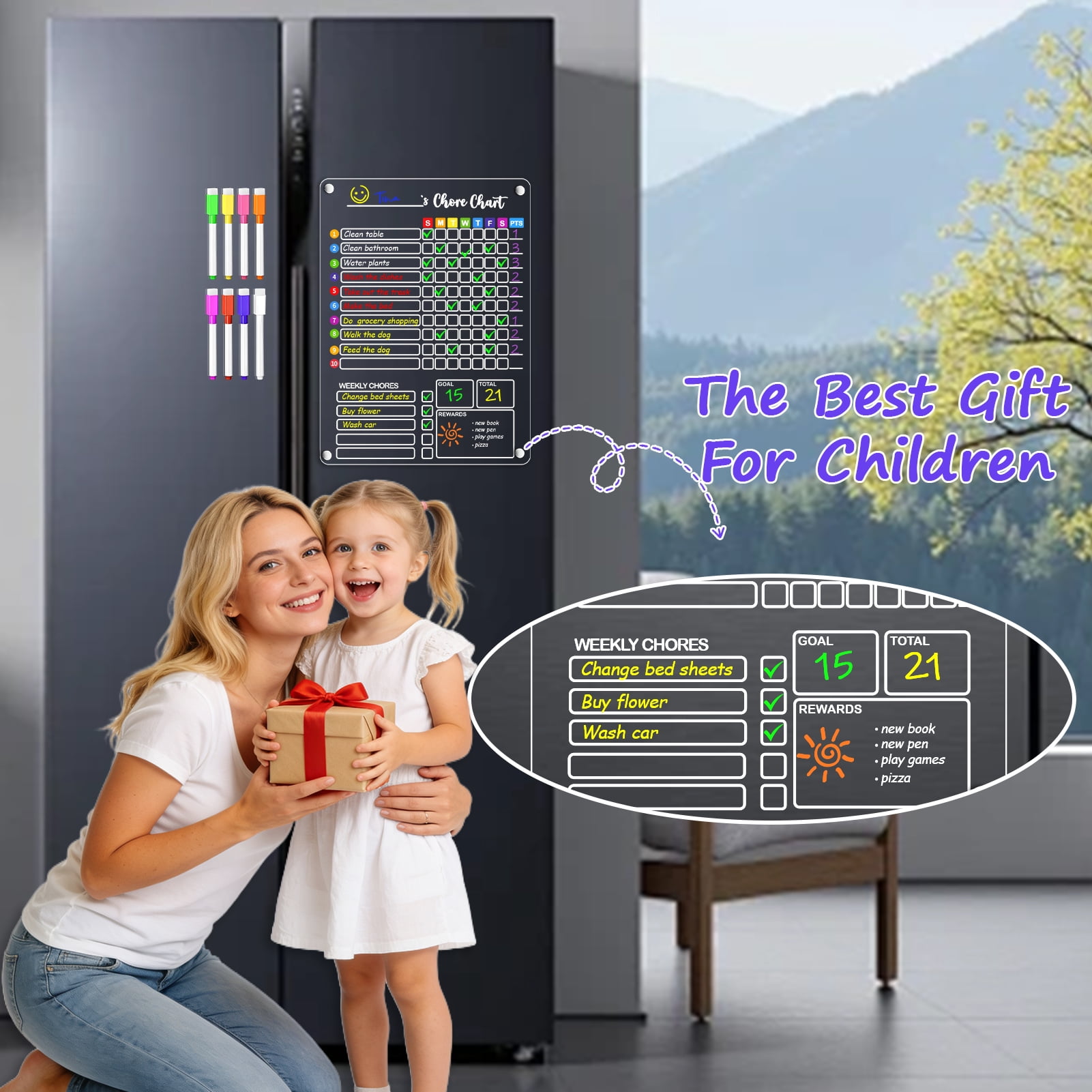 BrilhoGlee 2 Pack Acrylic Magnetic Chore Chart for Kids, 16"x12" Dry Erase Reward & Behavior Board, Magnetic Calendar for Fridge, Reusable Daily Routine Chart for Multiple Kids