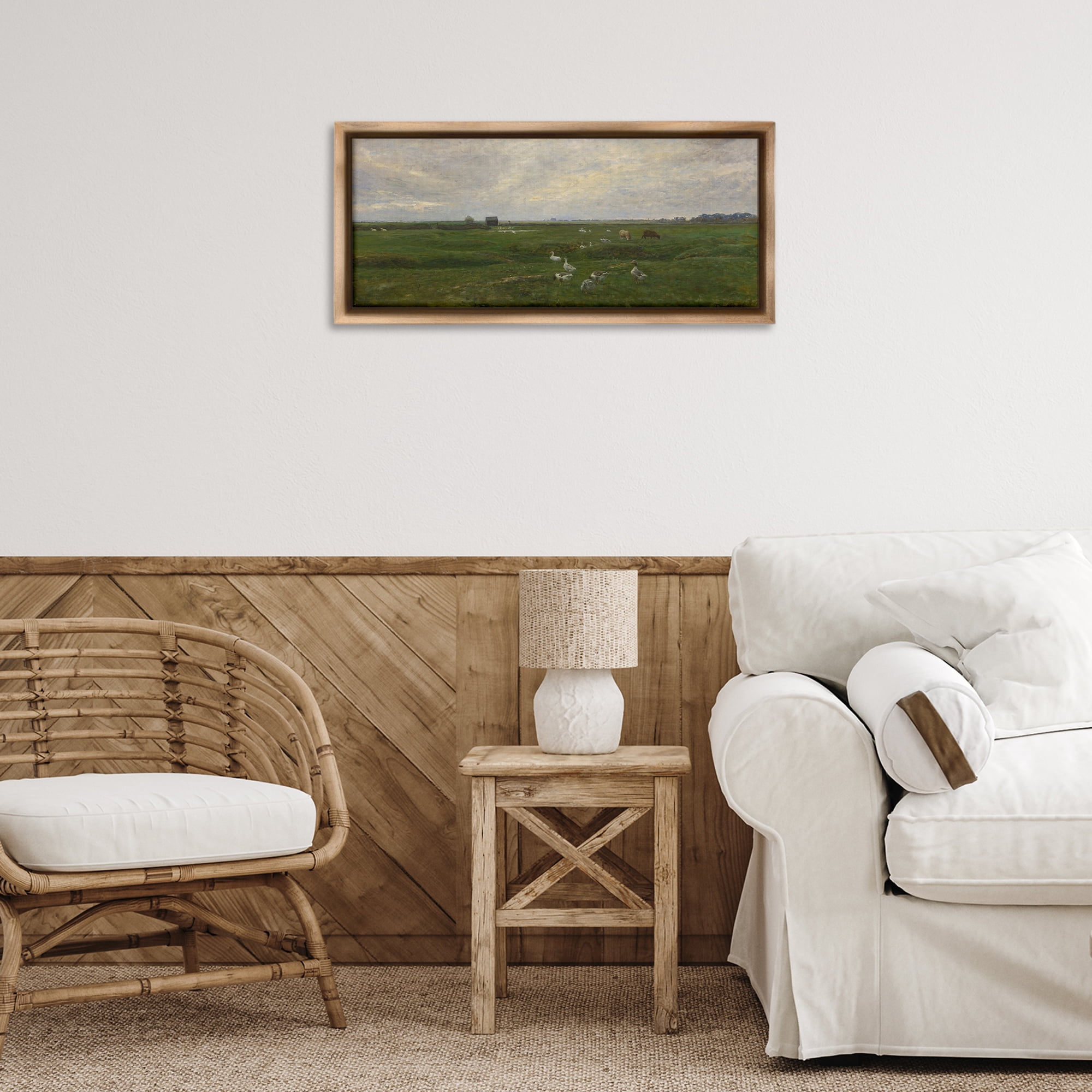 Stupell Industries Grazing Ducks & Horses Landscape & Nature Painting Brown Floater Framed Canvas Art Print Wall Art, 25 x 11
