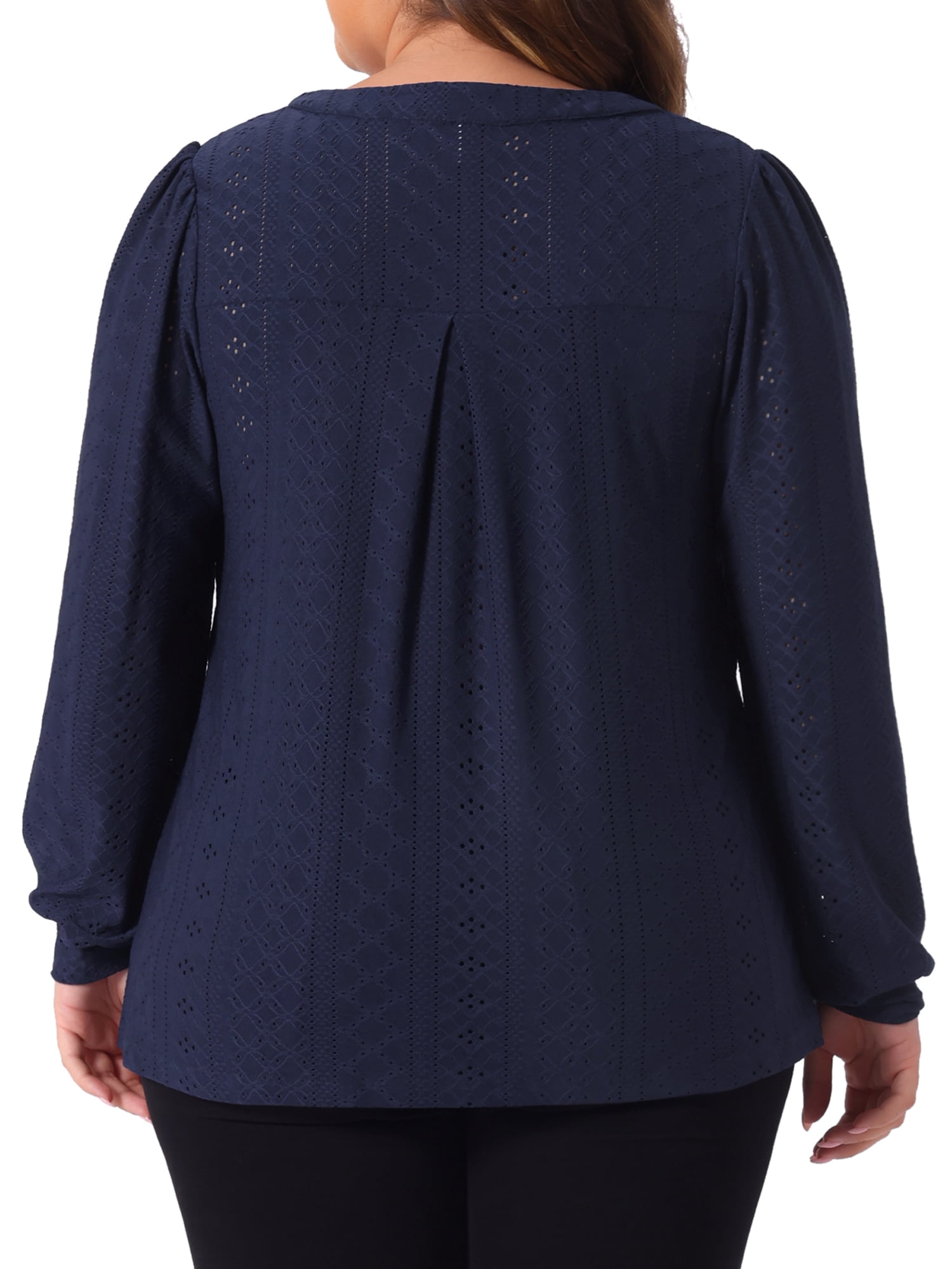 DARING DIVA Women's Plus Women's V Neck Long Sleeve Hollow Blouse 4X Navy Blue