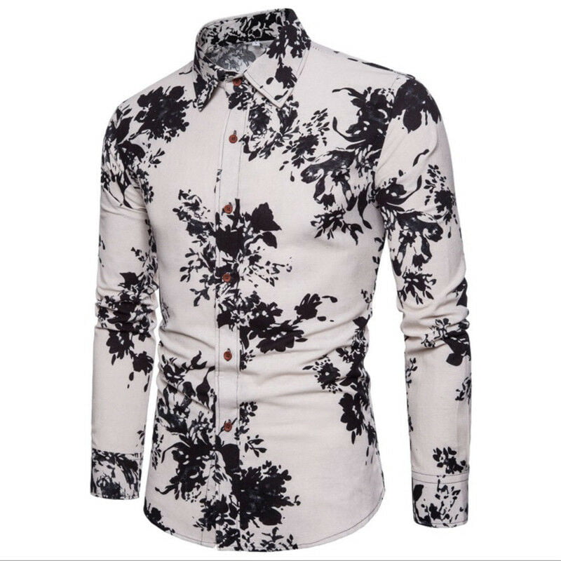 Hmarkt Mens Stylish Casual Lapel Cotton Buttons Floral Print Long Sleeve Slim Fit Shirts