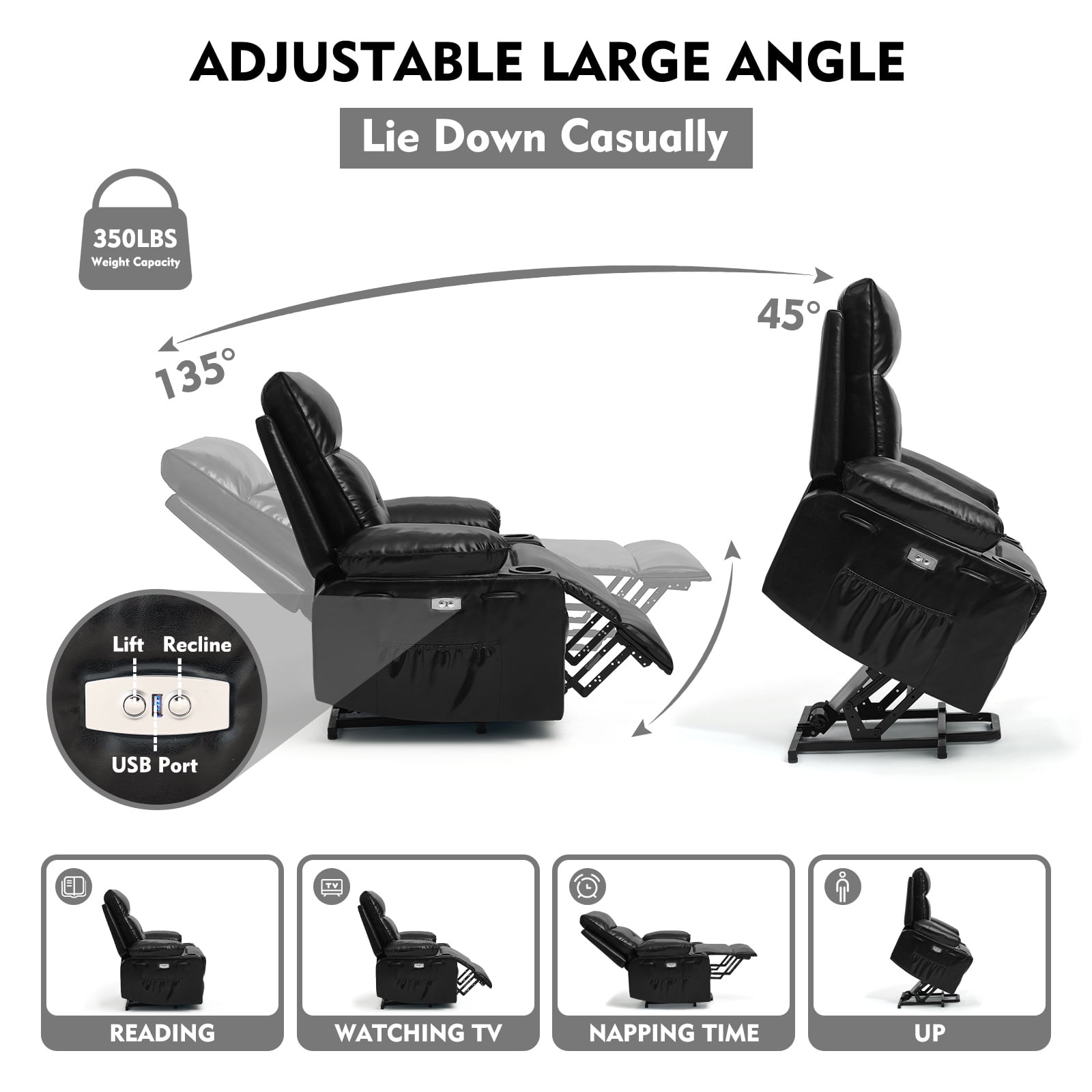 Betisef Power Lift Recliner Chair for Elderly, Adjustable Recline Chair W/Massage & Heat Functions Black