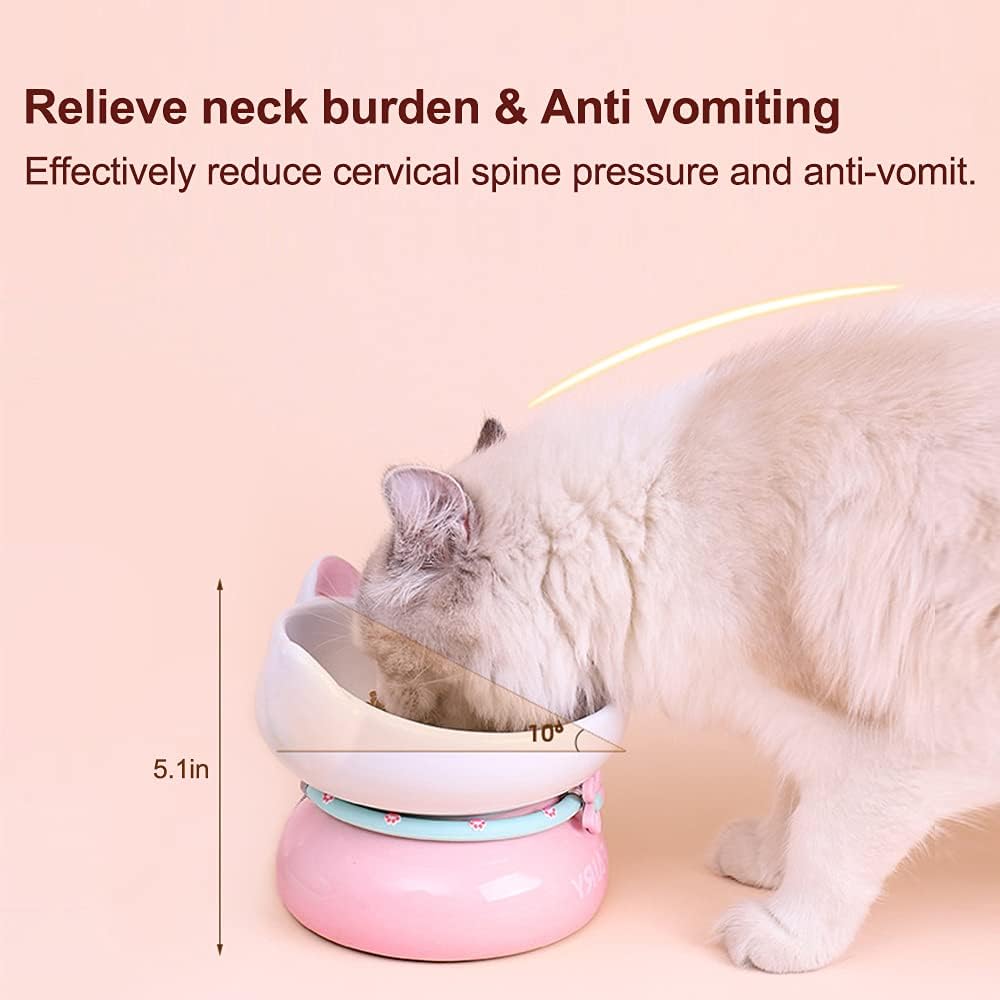 Fairela Elevated Ceramic Food and Water Bowl for Cats, Pink Cute Ear Design