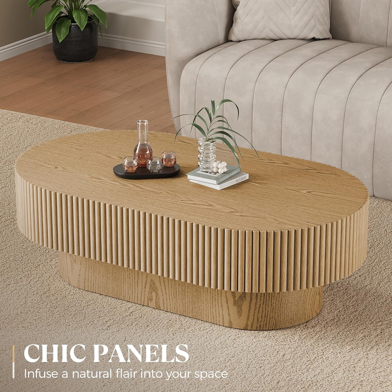 Gelloan 43.7" Oval Coffee Table, Modern Wood Fluted Coffee Table for Living Room, Relief Center Table with Sturdy Pedestal,Natural