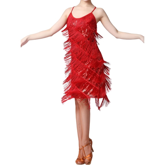 Coduop Womens Tassel Sequin Dress Spaghetti Strap Backless Mini Dress Sparkly Party Dresses