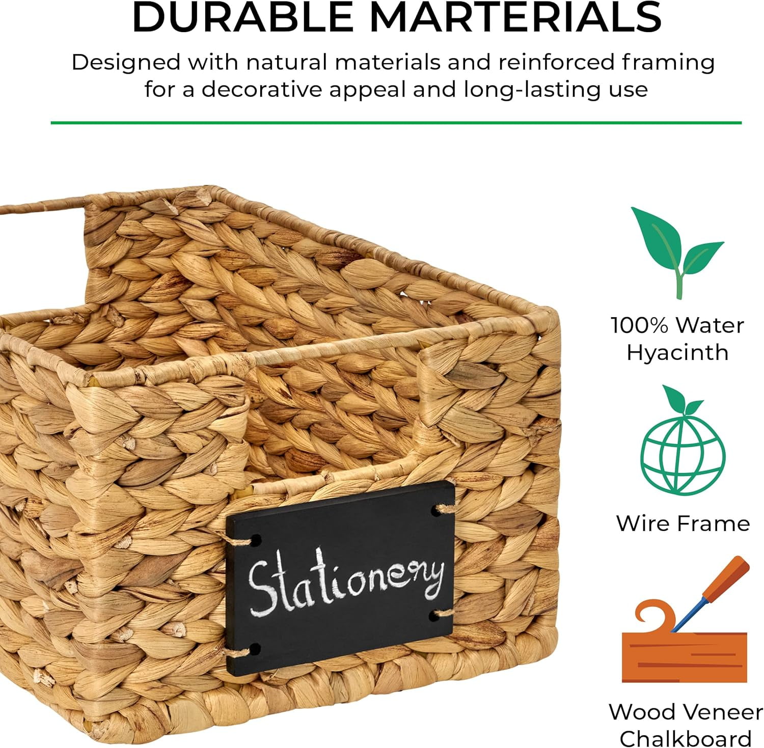 BARIEN 6 Pcs 12" x 9" x 6" Natural Water Hyacinth Woven Storage Baskets, Rectangular Wicker Basket with Built-in Handles, Woven Cube Storage Bin with Chalkboard Label Chalk Marker