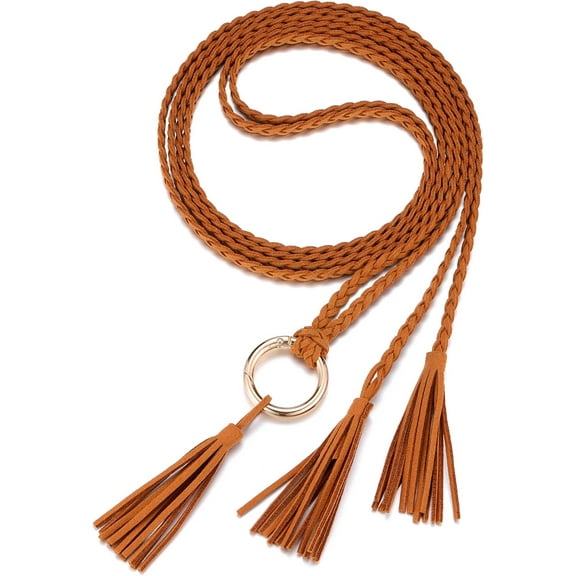 Zhengup Women's Tassel Braided Rope Belt Skinny Woven Belt for Dress PU Leather Waist Belt with Ring
