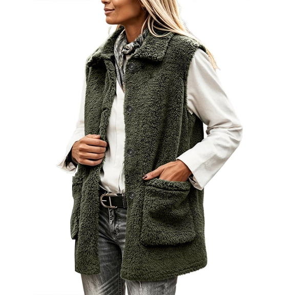 Staron Women's Sleeveless Vests for Women Casual Basic Collared Button Down Loose Fit Fall Winter Coat Jacket Vest, Army Green L