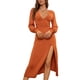 thumbnail image 1 of Vestido largo para mujer, cuello en V profundo, mangas largas abullonadas, abertura lateral, dobladillo de línea A, vestido de cintura alta para uso diario, color caramelo S, 1 of 8