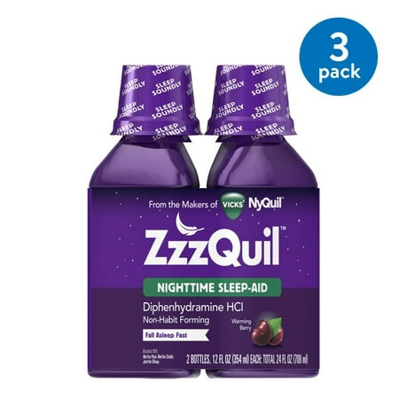 (3 Pack) ZzzQuil Nighttime Sleep Aid Liquid by Vicks, Warming Berry Flavor, 12 Fl Oz, 2 (Best Drug For Sleep Aid)