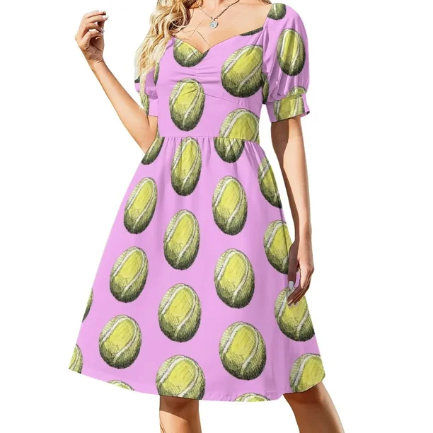 Vestido rosa de manga corta con estampado de pelota de tenis, ropa de mujer, vestido de verano, vestidos para fiesta de graduación, ropa de verano para mujer.